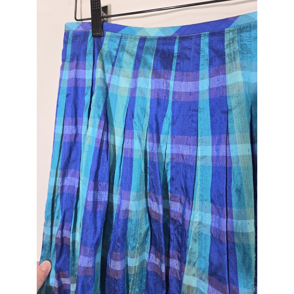Maggy‎ London Silk Plaid Midi Skirt Womens 8 Blue Teal Pleated Vintage Excellent - Picture 3 of 9